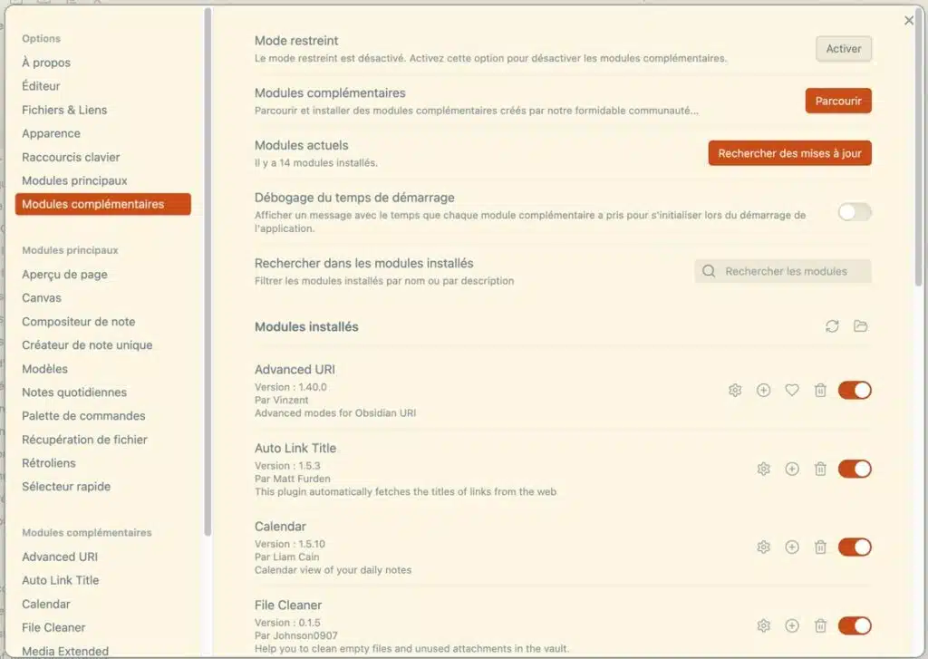 Obsidian, ajout de plugins et thèmes