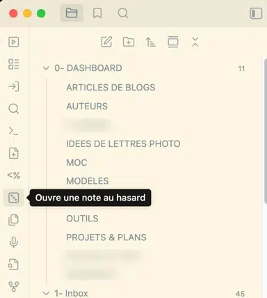 L'outil "Note aléatoire" ouvre une note au hasard dans Obsidian